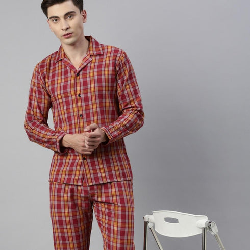 Burgandy Checked Pure Cotton Sleepsuit